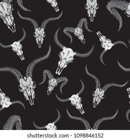 Vector seamless pattern with animal stock skulls illustrations in engraving technique.