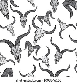 Vector seamless pattern with animal stock skulls illustrations in engraving technique.