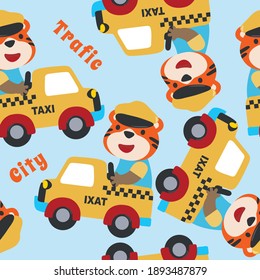 Vector seamless pattern with Animal taxi driver cartoon. Creative vector childish background for fabric, textile, nursery wallpaper, poster brochure Vector illustration background