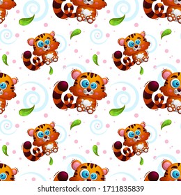 Vector seamless pattern with animal tiger in cartoon style. Kids print for wallpapers. wrappint or textile.