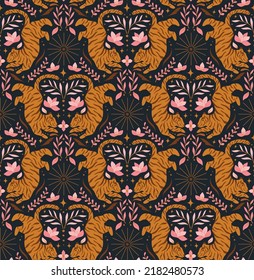 Vector seamless pattern of animal tiger. Modern chinese background. Decorative botanical texture for fabric, textile,  wallpaper, design.