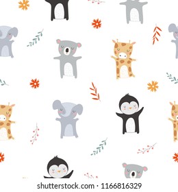 Vector seamless pattern with animals and autumn branch. Thanksgiving day, anniversary, baby shower, birthday, children's party, autumn holidays