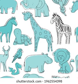 vector seamless pattern with animals of blue shades in the style of doodle for printing on children's textiles.