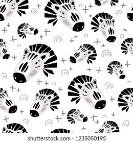 Vector seamless pattern with animals - cute zebra face, muzzle on white, endless texture. Flat and hand drawn, scandinavian style. For design of clothes, baby textiles, prints, posters, greeting cards