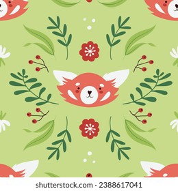 Vector seamless pattern with animals face, red panda or a little fox with green floral ornament around