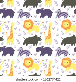 Vector seamless pattern with animals giraffe, zebra, lion, elephant.