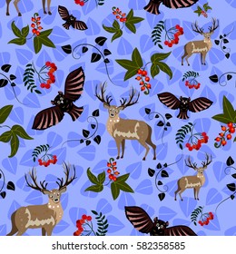 Vector seamless pattern with animals, leaves, berries on pastel  blue background. Repeating texture with deers, owls, ashberries and black and green leaves for web, cards, textile; forest animals. 
