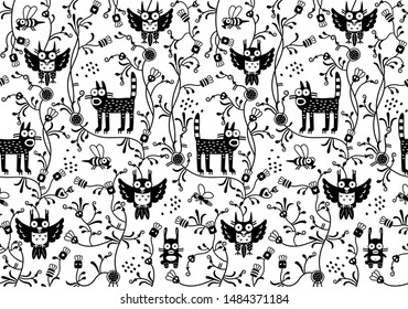Vector seamless pattern with animals and plants, Halloween,
creepy textile print, Wallpaper for interior, club interior