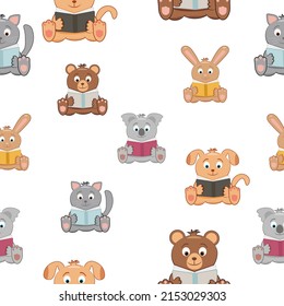 Vector seamless pattern animals reading book. Cute animals are sitting on the grass and reading a book. Cartoon-style illustration. childrens animals background. childrens cute animals