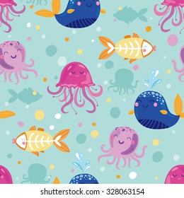 Vector seamless pattern with animals: whale, x-ray fish, octopus, jellyfish