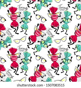 Vector seamless pattern with animated sweets. Cartoon candies with glasses. 