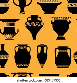 vector seamless pattern with antique ceramics, silhouettes of amphorae, pitchers and bowls