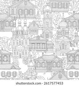 Vector seamless pattern with antique churches and houses. Contour doodle sketch for coloring book page