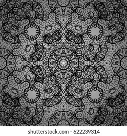 Vector seamless pattern with antique floral medieval decorative, leaves and gray pattern ornaments on gray background. Seamless royal luxury gray baroque damask vintage.