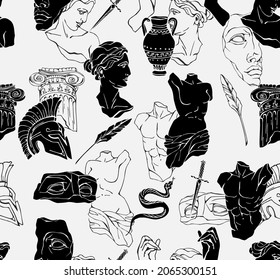 Vector seamless pattern with antique marble statues with broken elements. Greek classic ancient of Venus, amphora. Hand drawn mythical trendy vector