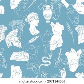 Vector seamless pattern with antique marble statues with broken elements. Greek classic ancient of Venus, amphora. Hand drawn mythical trendy vector