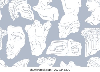 Vector seamless pattern with antique marble statues with broken elements. Greek classic ancient of Venus, amphora. Hand drawn mythical trendy vector