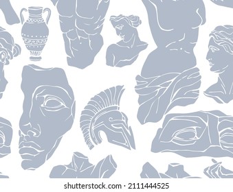 Vector seamless pattern with antique marble statues with broken elements. Greek classic ancient of Venus, amphora. Hand drawn mythical trendy vector