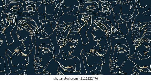 Vector seamless pattern with antique marble statues with broken elements. Greek classic ancient of Venus, amphora. Hand drawn mythical trendy vector