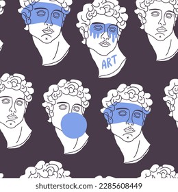 Vector seamless pattern with antique marble statues with broken elements. Greek classic ancient of David on dark with art lettering, amphora. Hand drawn mythical trendy vector