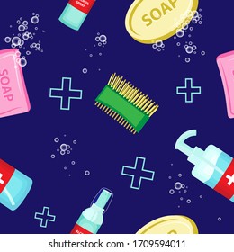 Vector seamless pattern. Antiseptics and soap for washing and disinfecting hands during an epidemic