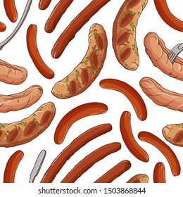 Vector seamless pattern with appetizing hand drawn different sausages. Grilled , smoked, frankfurter. With fork. October fest