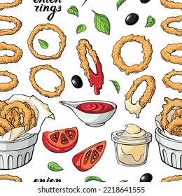 Vector seamless pattern: appetizing onion rings, red and white sauces, black olives, fresh green basil leaves, lettering on white. Textile, wrapping paper pattern for menu, table cover in cafe.