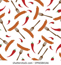 Vector seamless pattern with appetizing sausages. Fried, smoked, sausages and hot peppers. With a fork. October festival,