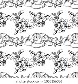 Vector seamless pattern with apple labels and flowers. Perfect for apple cider, juice, wrapping paper and more creative designs. Digital illustration in black and white.