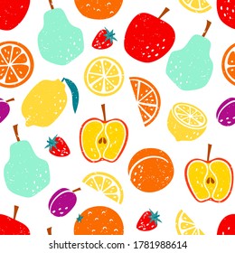 Vector seamless pattern with apple, lemon, pear, plum and orange. Bright colorful healthy cartoon stylized fruits background in print flat style, eat local organic products.