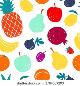 Vector seamless pattern with apple, lemon, pear, plum and fig. Bright colorful healthy cartoon stylized fruits background in print flat style, eat local organic products.