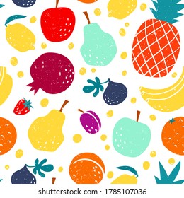 Vector seamless pattern with apple, lemon, pear, plum and fig. Bright colorful healthy cartoon stylized fruits background in print flat style, eat local organic products.