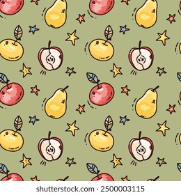 vector seamless pattern of  apple and pear. bright hand drawn artwork