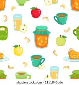 Vector seamless pattern of apple and apple pie isolated on white background. Autumn background with apples drink - tea, fruit pie, juice and jam used for magazine, book and textile.