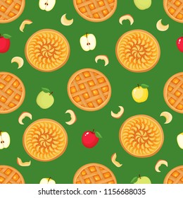 Vector seamless pattern of apple and apple pie isolated on green background. Autumn background used for magazine, book and textile.