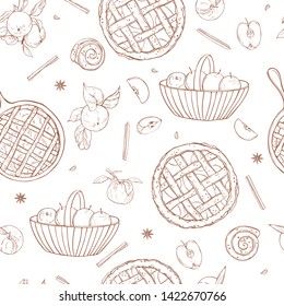 Vector seamless pattern with  apple pie. Sketch  illustration.