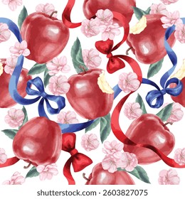  Vector Seamless Pattern of Apple and ribbon.