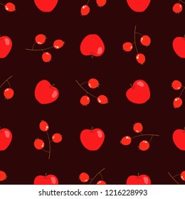 Vector seamless pattern with apples and berries on dark background. Perfect for wrapping paper or fabric.