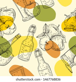 Vector seamless pattern with apples, bottles, spots in engraved style. Hand drawn