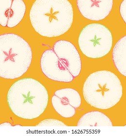 Vector seamless pattern with apples, cutaway fruits, slices on a yellow background. Hand-drawn decorative pattern for packaging juice, wrapping paper or kitchen design.