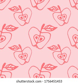 Vector seamless pattern of apples in doodle style on a pink background. For the design of wrapping paper, fabric, packages.