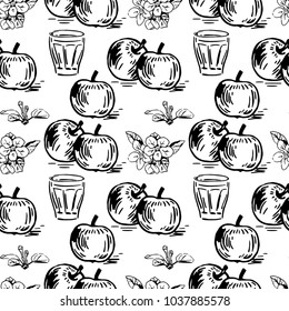 Vector seamless pattern with apples, glasses and apple's flowers. Perfect for surface textures, textile, pattern fills and more creative designs. Digital illustration in black and white.