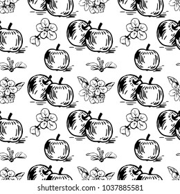 Vector seamless pattern with apples, glasses and apple's flowers. Perfect for surface textures, textile, pattern fills and more creative designs. Digital illustration in black and white.