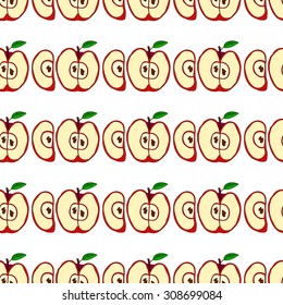  Vector seamless pattern with apples and green leaves isolated on white background