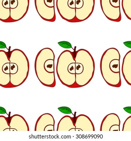  Vector seamless pattern with apples and green leaves isolated on white background
