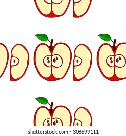  Vector seamless pattern with apples and green leaves isolated on white background