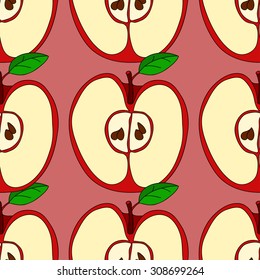  Vector seamless pattern with apples and green leaves isolated on white background