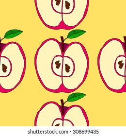  Vector seamless pattern with apples and green leaves isolated on white background