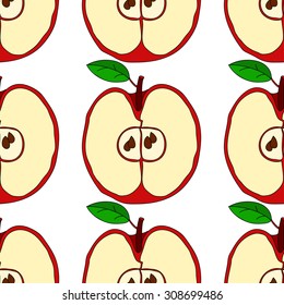  Vector seamless pattern with apples and green leaves isolated on white background