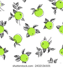 Vector seamless pattern with apples isolated on white. Hand-drawn texture with fresh fruits.